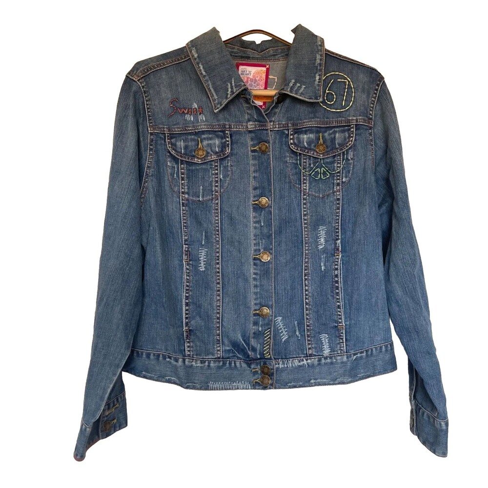 Avenue Jeans Distressed Embroidered Denim Jacket Size 14/16